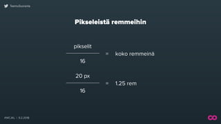 #WCJKL | 9.2.2018
TeemuSuoranta
Remmeistä pikseleihin
remmit x 16 = koko pikseleinä
1.25 rem x 16 = 20 px
 