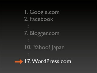 1. Google.com
2. Facebook
 :
7. Blogger.com
 :
10. Yahoo! Japan
 :
17. WordPress.com
 