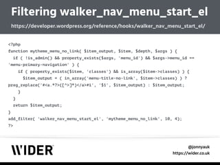 @jonnyauk
https://wider.co.uk
Filtering walker_nav_menu_start_el 
https://developer.wordpress.org/reference/hooks/walker_nav_menu_start_el/
<?php 
function mytheme_menu_no_link( $item_output, $item, $depth, $args ) { 
if ( !is_admin() && property_exists($args, 'menu_id') && $args->menu_id ==
'menu-primary-navigation' ) { 
if ( property_exists($item, 'classes') && is_array($item->classes) ) { 
$item_output = ( in_array('menu-title-no-link', $item->classes) ) ?
preg_replace('#<a.*?>([^>]*)</a>#i', '$1', $item_output) : $item_output; 
} 
} 
return $item_output; 
} 
add_filter( 'walker_nav_menu_start_el', 'mytheme_menu_no_link', 10, 4); 
?>
 