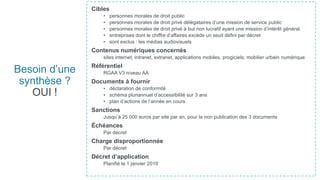 Besoin d’une
synthèse ?
OUI !
Cibles
• personnes morales de droit public
• personnes morales de droit privé délégataires d’une mission de service public
• personnes morales de droit privé à but non lucratif ayant une mission d’intérêt général.
• entreprises dont le chiffre d’affaires excède un seuil défini par décret
• sont exclus : les médias audiovisuels
Contenus numériques concernés
sites internet, intranet, extranet, applications mobiles, progiciels, mobilier urbain numérique
Référentiel
RGAA V3 niveau AA
Documents à fournir
• déclaration de conformité
• schéma pluriannuel d’accessibilité sur 3 ans
• plan d’actions de l’année en cours
Sanctions
Jusqu’à 25 000 euros par site par an, pour la non publication des 3 documents
Échéances
Par décret
Charge disproportionnée
Par décret
Décret d’application
Planifié le 1 janvier 2019
 