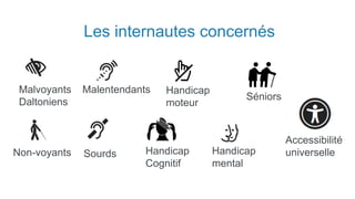 Accessibilité
universelleNon-voyants
Séniors
Sourds
Malvoyants
Daltoniens
Handicap
moteur
Malentendants
Handicap
mental
Les internautes concernés
Handicap
Cognitif
 