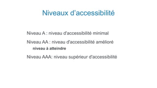 Niveaux d’accessibilité
Niveau A : niveau d'accessibilité minimal
Niveau AA : niveau d'accessibilité amélioré
niveau à atteindre
Niveau AAA: niveau supérieur d'accessibilité
 