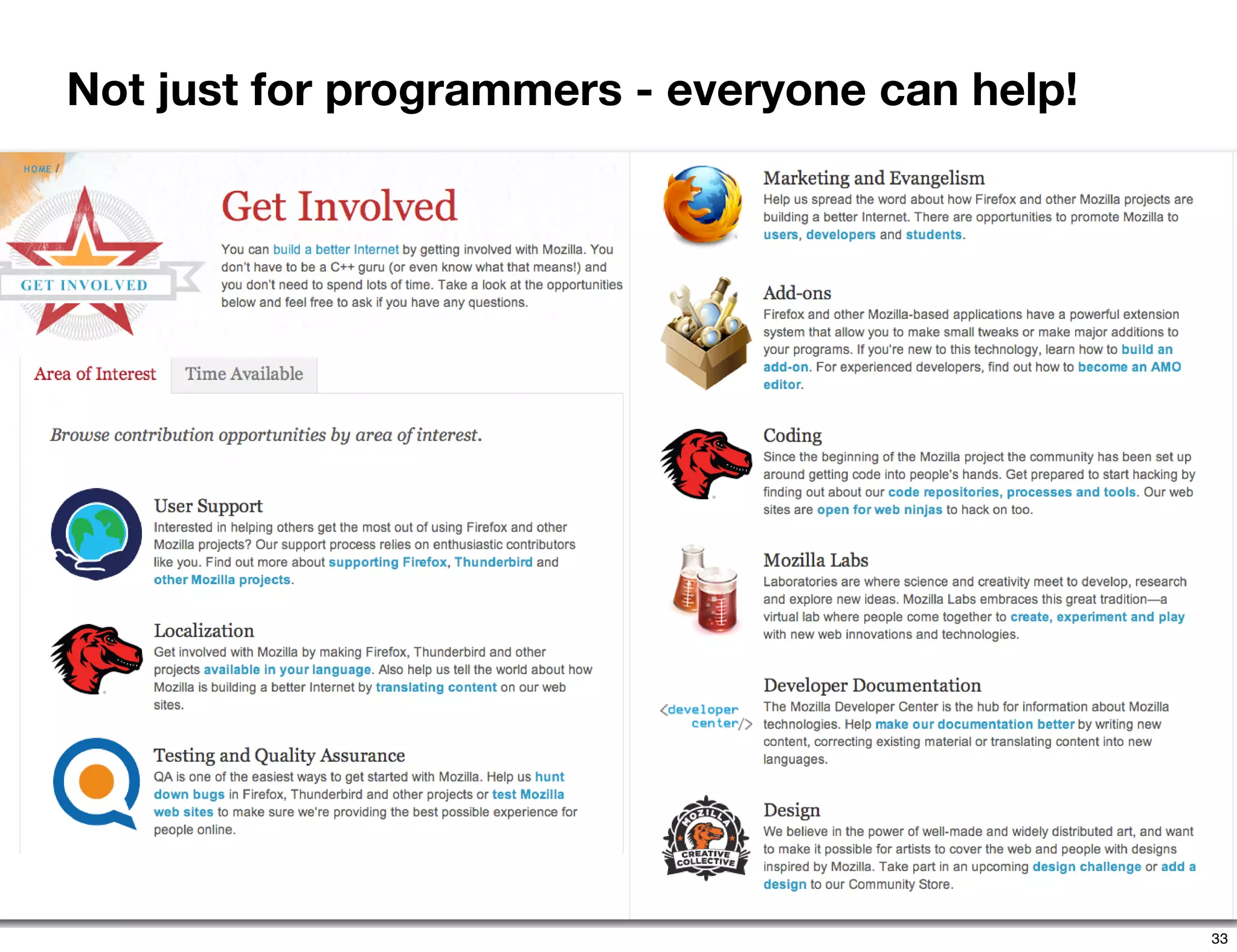Not just for programmers - everyone can help!




                                                33
 