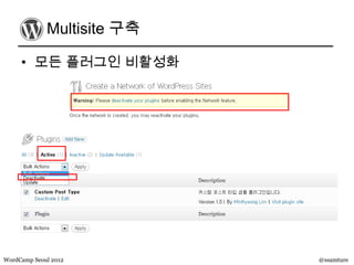 Multisite 구축

     • 모든 플러그인 비활성화




WordCamp Seoul 2012         @ssamture
 