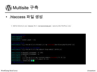 Multisite 구축

     • .htaccess 파일 생성




WordCamp Seoul 2012         @ssamture
 