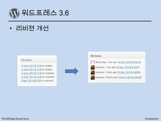 워드프레스 3.6
• 리비젼 개선
WordCamp Seoul 2013 @ssamture
 