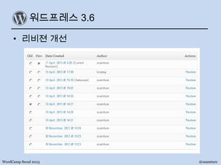 워드프레스 3.6
• 리비젼 개선
WordCamp Seoul 2013 @ssamture
 