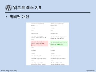 워드프레스 3.6
• 리비젼 개선
WordCamp Seoul 2013 @ssamture
 