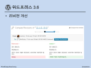 워드프레스 3.6
• 리비젼 개선
WordCamp Seoul 2013 @ssamture
 