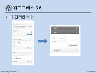 워드프레스 3.6
• 더 편리한 메뉴
WordCamp Seoul 2013 @ssamture
 