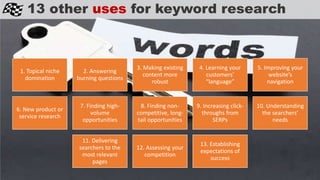13 other uses for keyword research
1. Topical niche
domination
2. Answering
burning questions
3. Making existing
content more
robust
4. Learning your
customers’
“language”
5. Improving your
website’s
navigation
6. New product or
service research
7. Finding high-
volume
opportunities
8. Finding non-
competitive, long-
tail opportunities
9. Increasing click-
throughs from
SERPs
10. Understanding
the searchers’
needs
11. Delivering
searchers to the
most relevant
pages
12. Assessing your
competition
13. Establishing
expectations of
success
 