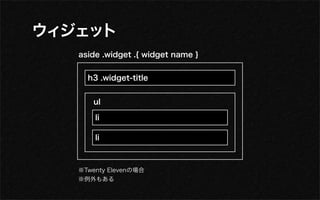aside .widget .{ widget name }


  h3 .widget-title


   ul

    li

    li



※Twenty Elevenの場合
※例外もある
 