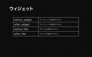before_widget   ウィジェットの前のテキスト

after_widget    ウィジェットの後のテキスト

before_title    タイトルの前のテキスト

after_title     タイトルの後のテキスト
 