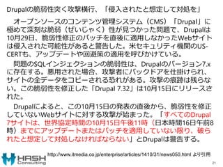 Drupalの脆弱性突く攻撃横行、「侵入されたと想定して対処を」
オープンソースのコンテンツ管理システム（CMS）「Drupal」に
極めて深刻な脆弱（ぜいじゃく）性が見つかった問題で、Drupalは
10月29日、脆弱性修正のパッチを直後に適用しなかったWebサイト
は侵入された可能性があると警告した。米セキュリティ機関のUS-
CERTも、アップデートや回避策の適用を呼びかけている。
問題のSQLインジェクションの脆弱性は、Drupalのバージョン7.x
に存在する。悪用された場合、攻撃者にバックドアを仕掛けられ、
サイトの全データをコピーされる恐れがある。攻撃の痕跡は残らな
い。この脆弱性を修正した「Drupal 7.32」は10月15日にリリースさ
れた。
Drupalによると、この10月15日の発表の直後から、脆弱性を修正
していないWebサイトに対する攻撃が始まった。「すべてのDrupal
7サイトは、世界協定時間の10月15日午後11時（日本時間16日午前8
時）までにアップデートまたはパッチを適用していない限り、破ら
れたと想定して対処しなければならない」とDrupalは警告する。
21
http://www.itmedia.co.jp/enterprise/articles/1410/31/news050.html より引用
 
