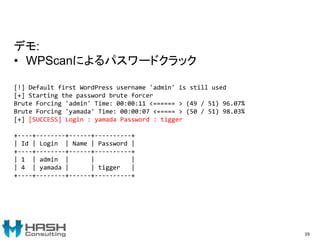 39
デモ:
• WPScanによるパスワードクラック
[!] Default first WordPress username 'admin' is still used
[+] Starting the password brute forcer
Brute Forcing 'admin' Time: 00:00:11 <====== > (49 / 51) 96.07%
Brute Forcing 'yamada' Time: 00:00:07 <===== > (50 / 51) 98.03%
[+] [SUCCESS] Login : yamada Password : tigger
+----+--------+------+----------+
| Id | Login | Name | Password |
+----+--------+------+----------+
| 1 | admin | | |
| 4 | yamada | | tigger |
+----+--------+------+----------+
 