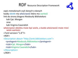 RDF Resource Description Framework
zapis metadanych czyli danych o danych
każdy obiekt ma właściwośd która ma wartośd
link do strony blogera Niedoszły Bibliotekarz
   lubi Cpt. Morgan
    oraz
   lubi Virginia Cavendish
właściwości obiektu może byd wiele, a każda właściwośd może mied
    wiele wartości
<?xml version="1.0"?>
<RDF>
<Description about="http://arek.bibliotekarz.com">
   <prelegent>Niedoszły Bibliotekarz</prelegent>
   <lubi>Cpt. Morgan</lubi>
   <lubi>Virginia Cavendish</lubi>
</Description>
</RDF>
 