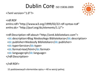 Dublin Core ISO 15836:2009
<?xml version="1.0"?>

<rdf:RDF
xmlns:rdf="http://www.w3.org/1999/02/22-rdf-syntax-ns#"
xmlns:dc= "http://purl.org/dc/elements/1.1/">

<rdf:Description rdf:about="http://arek.bibliotekarz.com">
 <dc:description>Blog Niedoszłego Bibliotekarza</dc:description>
 <dc:publisher>Niedoszły Bibliotekarz</dc:publisher>
 <dc:type>Service</dc:type>
 <dc:format>text/html</dc:format>
 <dc:language>pl</dc:language>
</rdf:Description>

</rdf:RDF>
 15 podstawowych elementów opisu + 40 w wersji pełnej
 