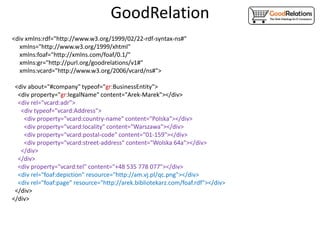 GoodRelation
<div xmlns:rdf="http://www.w3.org/1999/02/22-rdf-syntax-ns#"
  xmlns="http://www.w3.org/1999/xhtml"
  xmlns:foaf="http://xmlns.com/foaf/0.1/"
  xmlns:gr="http://purl.org/goodrelations/v1#"
  xmlns:vcard="http://www.w3.org/2006/vcard/ns#">

 <div about="#company" typeof="gr:BusinessEntity">
  <div property="gr:legalName" content="Arek-Marek"></div>
  <div rel="vcard:adr">
   <div typeof="vcard:Address">
    <div property="vcard:country-name" content="Polska"></div>
    <div property="vcard:locality" content="Warszawa"></div>
    <div property="vcard:postal-code" content="01-159"></div>
    <div property="vcard:street-address" content="Wolska 64a"></div>
   </div>
  </div>
  <div property="vcard:tel" content="+48 535 778 077"></div>
  <div rel="foaf:depiction" resource="http://am.vj.pl/qc.png"></div>
  <div rel="foaf:page" resource="http://arek.bibliotekarz.com/foaf.rdf"></div>
 </div>
</div>
 