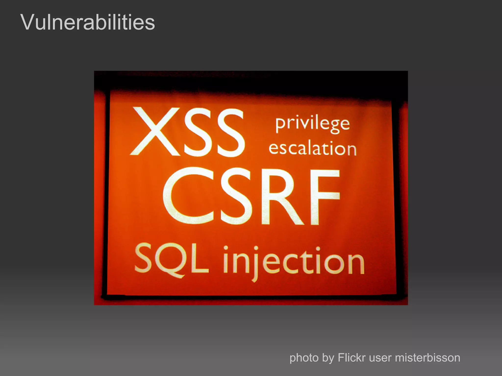 Vulnerabilities




                  photo by Flickr user misterbisson
 