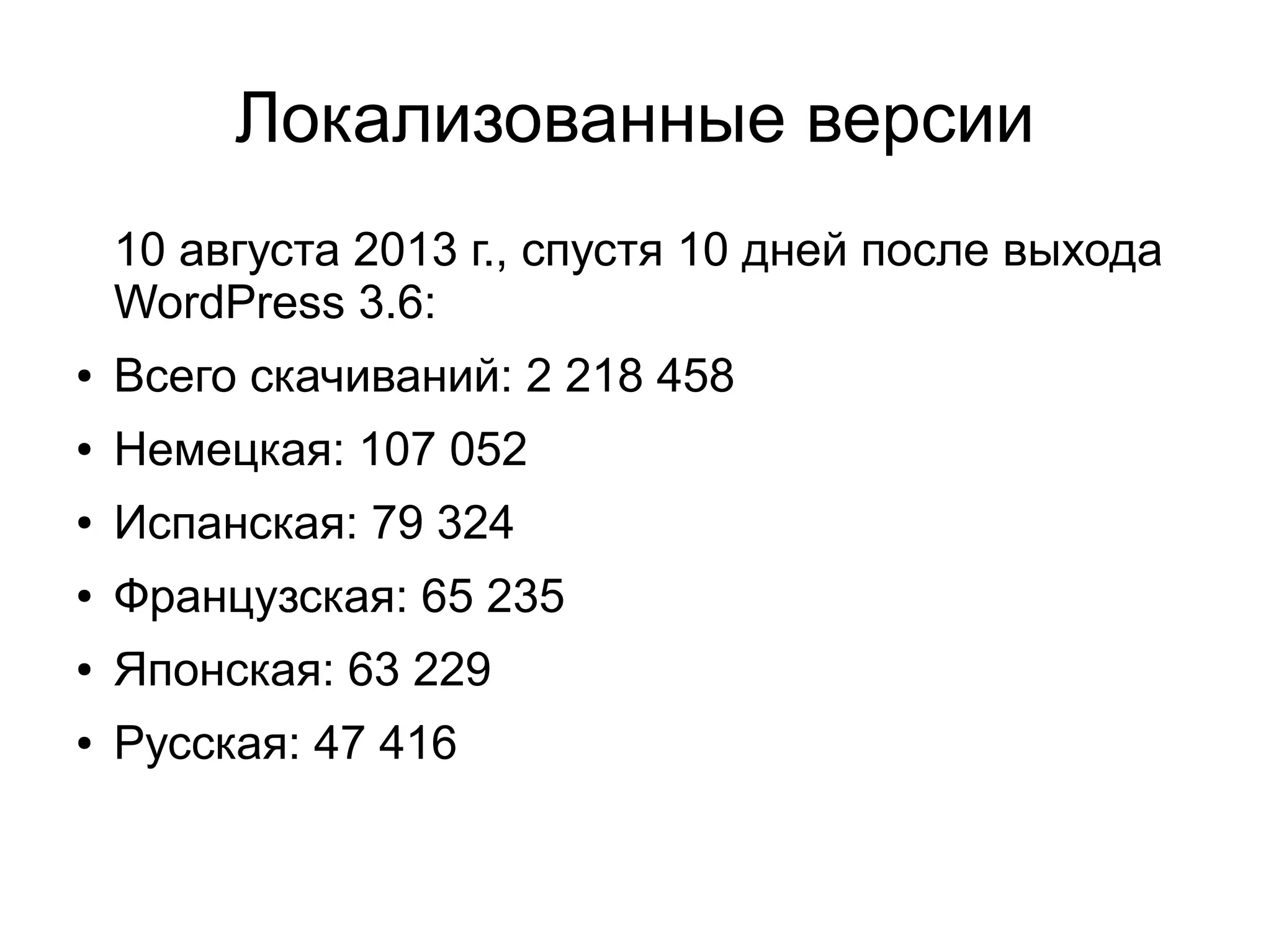 Локализованные версии
10 августа 2013 г., спустя 10 дней после выхода
WordPress 3.6:
● Всего скачиваний: 2 218 458
● Немецкая: 107 052
● Испанская: 79 324
● Французская: 65 235
● Японская: 63 229
● Русская: 47 416
 