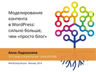 Моделирование
контента
в WordPress:
сильно больше,
чем «просто блог»
Анна Ладошкина
ТЕПЛИЦА СОЦИАЛЬНЫХ ТЕХНОЛОГИЙ
WordCamp Russia, Москва, 2014
 