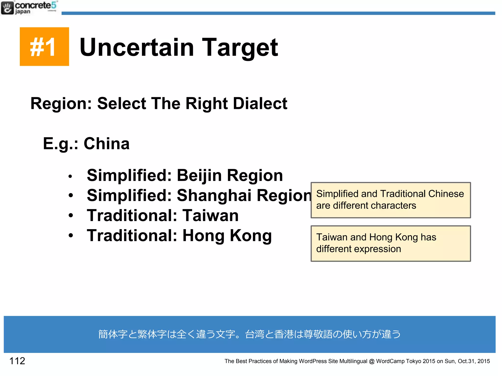 The Best Practices of Making WordPress Site Multilingual @ WordCamp Tokyo 2015 on Sun, Oct.31, 2015
Region: Select The Right Dialect
E.g.: China
• Simplified: Beijin Region
• Simplified: Shanghai Region
• Traditional: Taiwan
• Traditional: Hong Kong Taiwan and Hong Kong has
different expression
Simplified and Traditional Chinese
are different characters
112
#1 Uncertain Target
簡体字と繁体字は全く違う文字。台湾と香港は尊敬語の使い方が違う
 