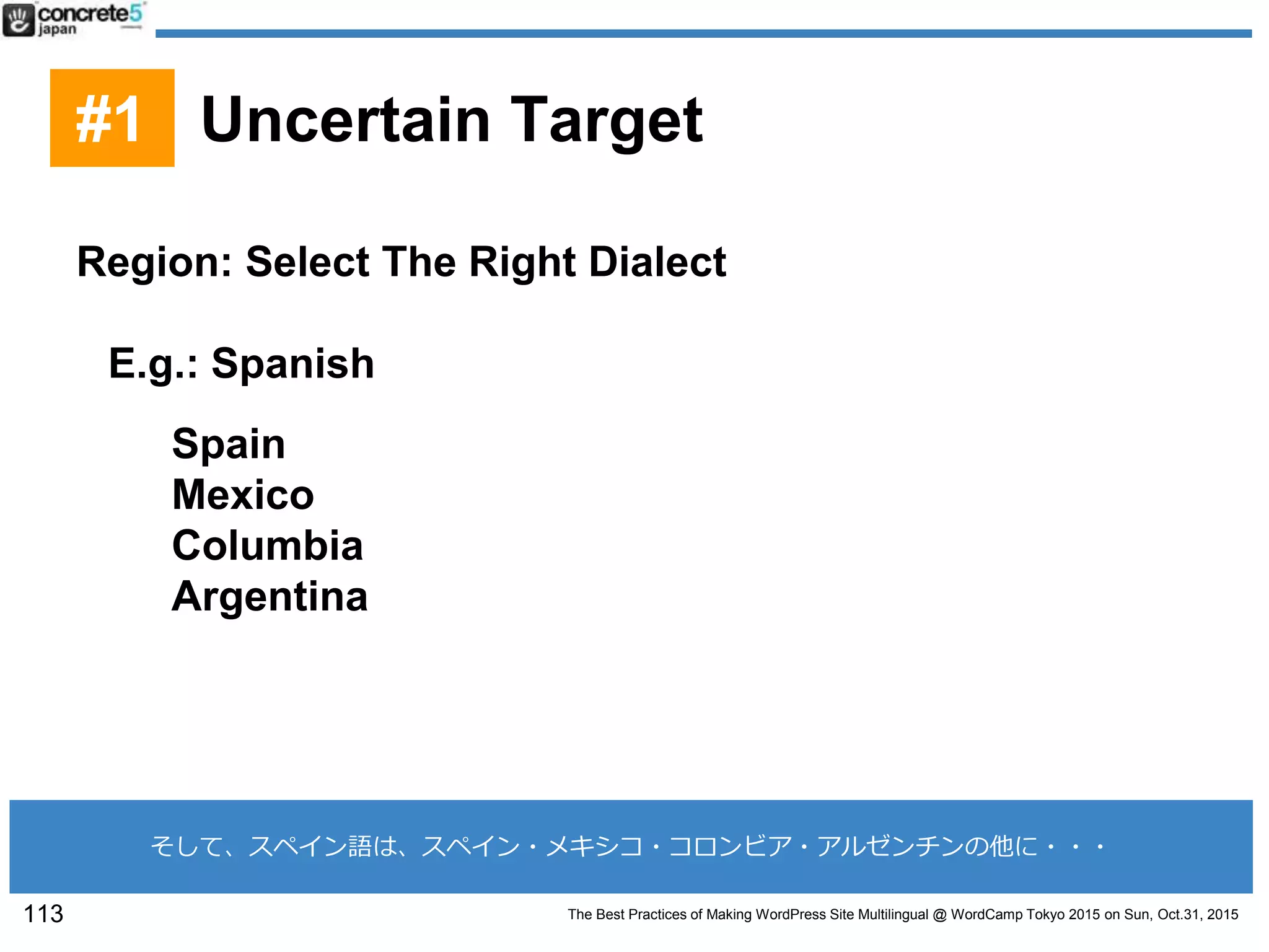 The Best Practices of Making WordPress Site Multilingual @ WordCamp Tokyo 2015 on Sun, Oct.31, 2015
Region: Select The Right Dialect
E.g.: Spanish
Spain
Mexico
Columbia
Argentina
113
#1 Uncertain Target
そして、スペイン語は、スペイン・メキシコ・コロンビア・アルゼンチンの他に・・・
 