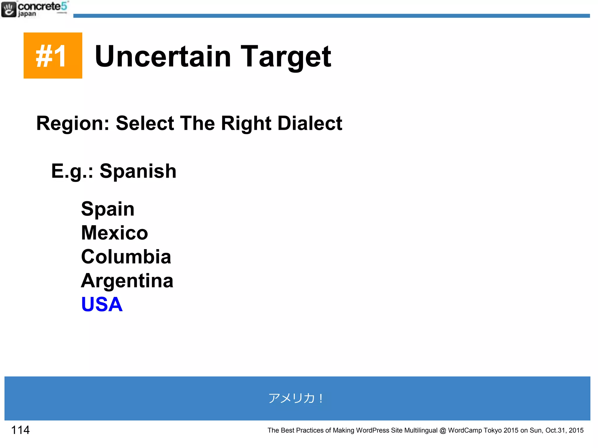 The Best Practices of Making WordPress Site Multilingual @ WordCamp Tokyo 2015 on Sun, Oct.31, 2015
Region: Select The Right Dialect
E.g.: Spanish
Spain
Mexico
Columbia
Argentina
USA
114
#1 Uncertain Target
アメリカ！
 