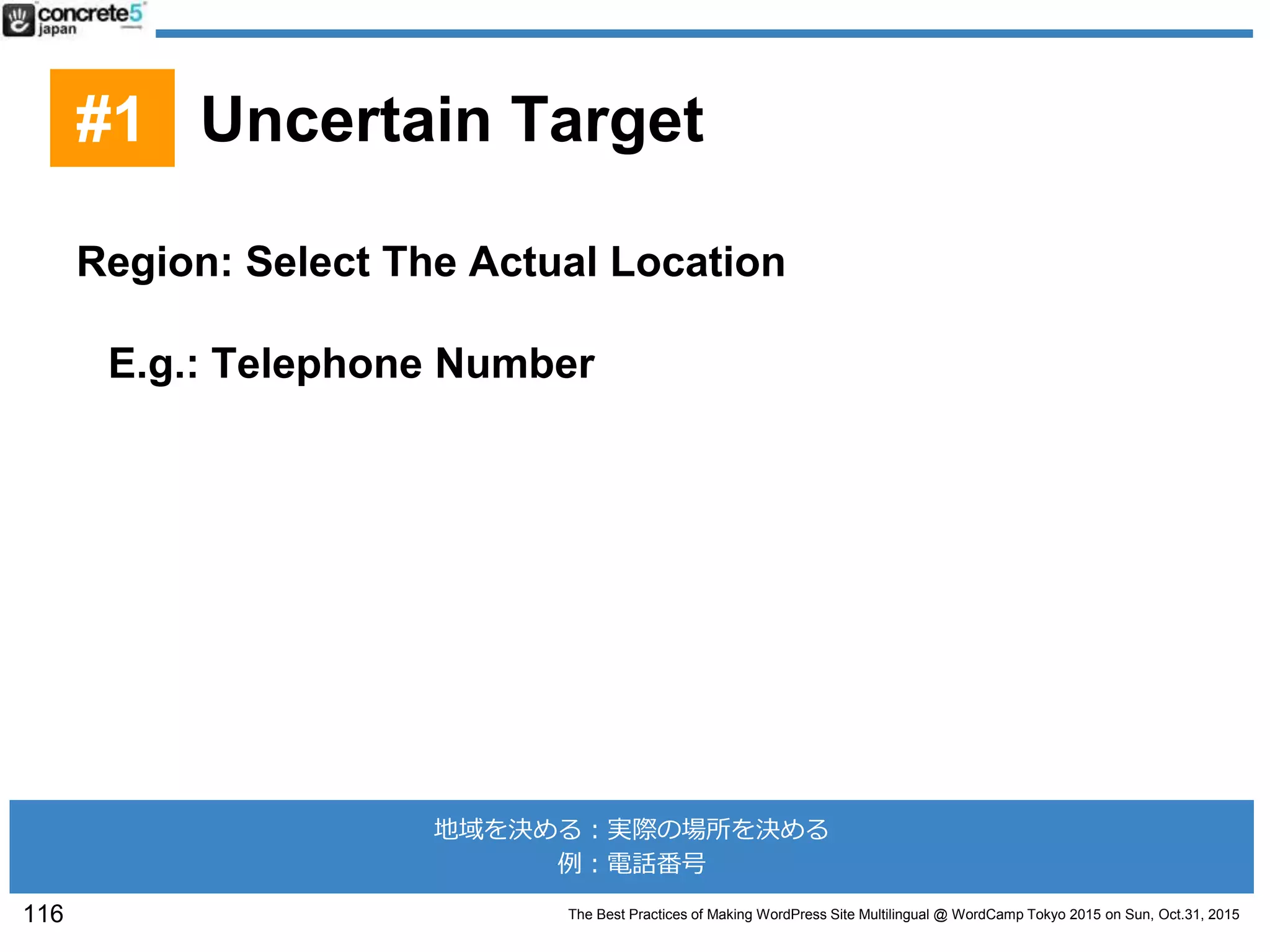 The Best Practices of Making WordPress Site Multilingual @ WordCamp Tokyo 2015 on Sun, Oct.31, 2015
Region: Select The Actual Location
E.g.: Telephone Number
116
#1 Uncertain Target
地域を決める：実際の場所を決める
例：電話番号
 