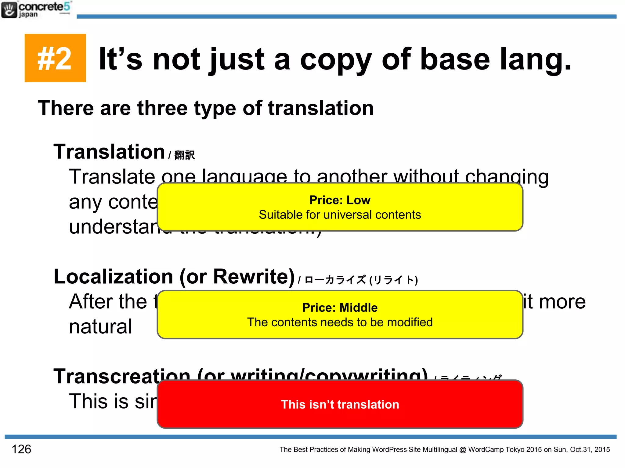 The Best Practices of Making WordPress Site Multilingual @ WordCamp Tokyo 2015 on Sun, Oct.31, 2015
There are three type of translation
Translation/ 翻訳
Translate one language to another without changing
any context. (Target audience sometime don’t
understand the translation.)
Localization (or Rewrite)/ ローカライズ (リライト)
After the translation, rewrite the context to sound it more
natural
Transcreation (or writing/copywriting) / ライティング
This is simply writing from scratch.
Price: Low
Suitable for universal contents
Price: Middle
The contents needs to be modified
This isn’t translation
126
#2 It’s not just a copy of base lang.
 