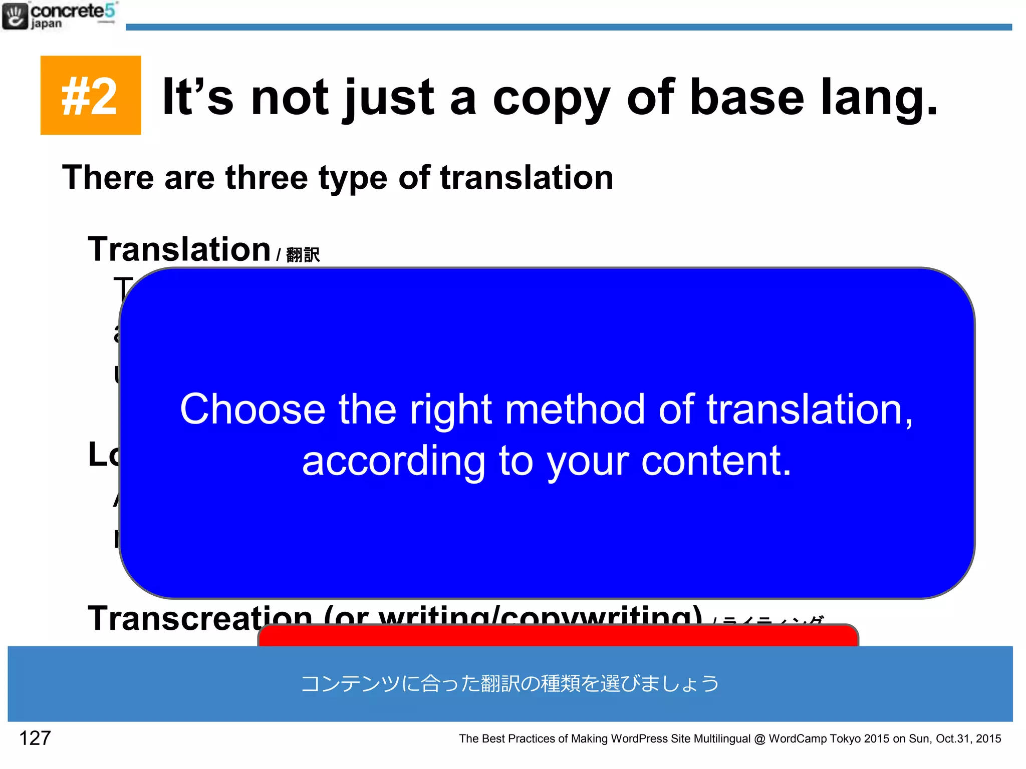 The Best Practices of Making WordPress Site Multilingual @ WordCamp Tokyo 2015 on Sun, Oct.31, 2015
There are three type of translation
Translation/ 翻訳
Translate one language to another without changing
any context. (Target audience sometime don’t
understand the translation.)
Localization (or Rewrite)/ ローカライズ (リライト)
After the translation, rewrite the context to sound it more
natural
Transcreation (or writing/copywriting) / ライティング
This is simply writing from scratch.
Price: Low
Suitable for universal contents
Price: Middle
The contents needs to be modified
This isn’t translation
127
#2 It’s not just a copy of base lang.
Choose the right method of translation,
according to your content.
コンテンツに合った翻訳の種類を選びましょう
 