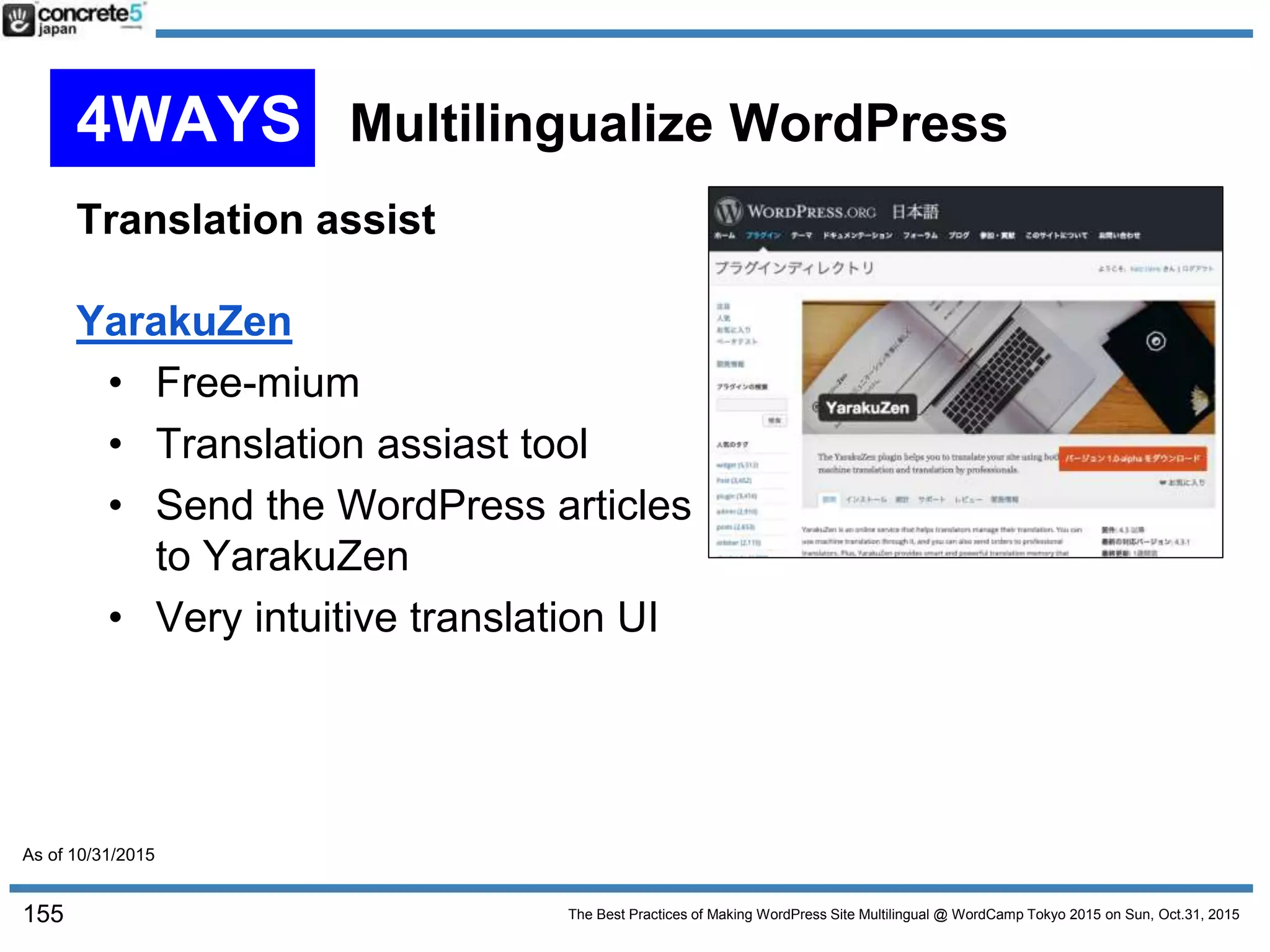 The Best Practices of Making WordPress Site Multilingual @ WordCamp Tokyo 2015 on Sun, Oct.31, 2015
Translation assist
YarakuZen
• Free-mium
• Translation assiast tool
• Send the WordPress articles
to YarakuZen
• Very intuitive translation UI
155
4WAYS Multilingualize WordPress
As of 10/31/2015
 