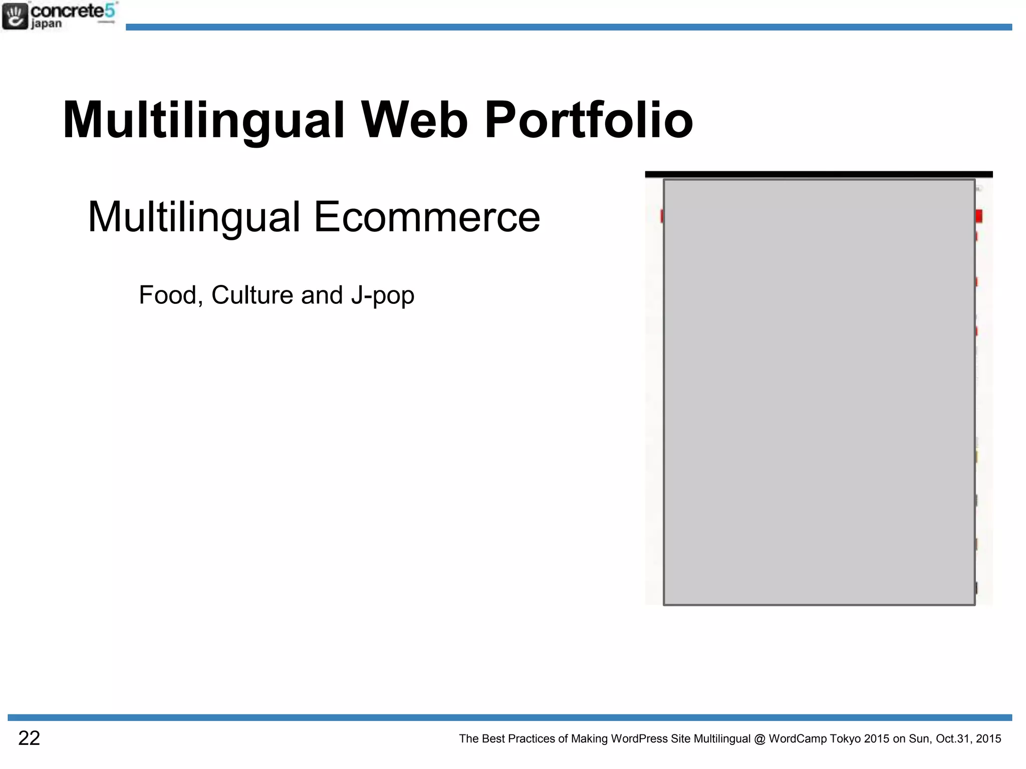 The Best Practices of Making WordPress Site Multilingual @ WordCamp Tokyo 2015 on Sun, Oct.31, 2015
Multilingual Web Portfolio
Multilingual Ecommerce
Food, Culture and J-pop
22
 