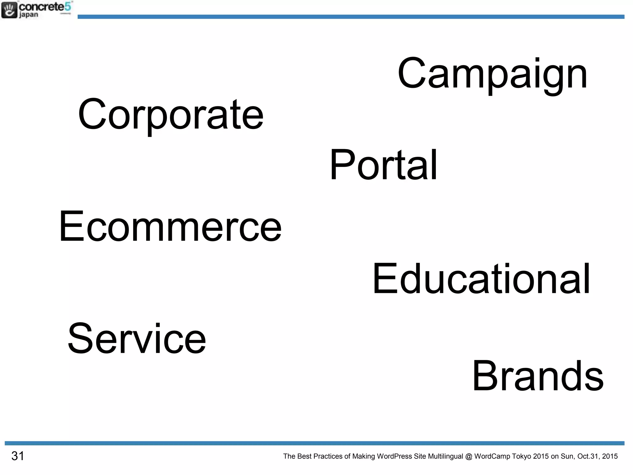 The Best Practices of Making WordPress Site Multilingual @ WordCamp Tokyo 2015 on Sun, Oct.31, 2015
Corporate
Portal
Ecommerce
Educational
Campaign
Service
Brands
31
 