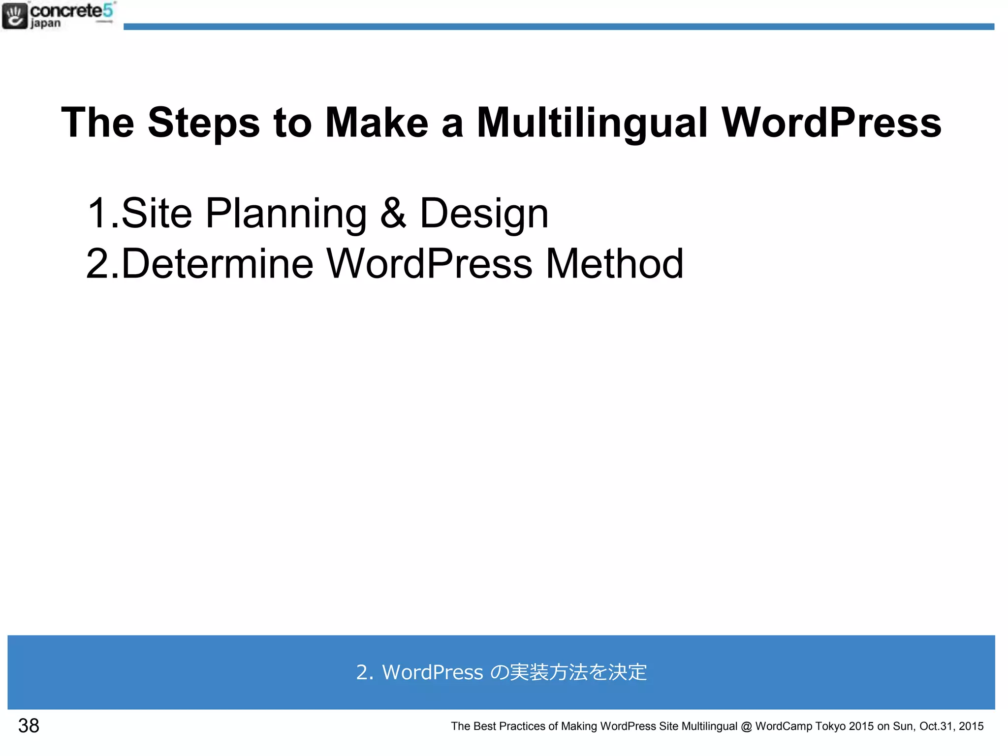 The Best Practices of Making WordPress Site Multilingual @ WordCamp Tokyo 2015 on Sun, Oct.31, 2015
The Steps to Make a Multilingual WordPress
1.Site Planning & Design
2.Determine WordPress Method
38
2. WordPress の実装方法を決定
 