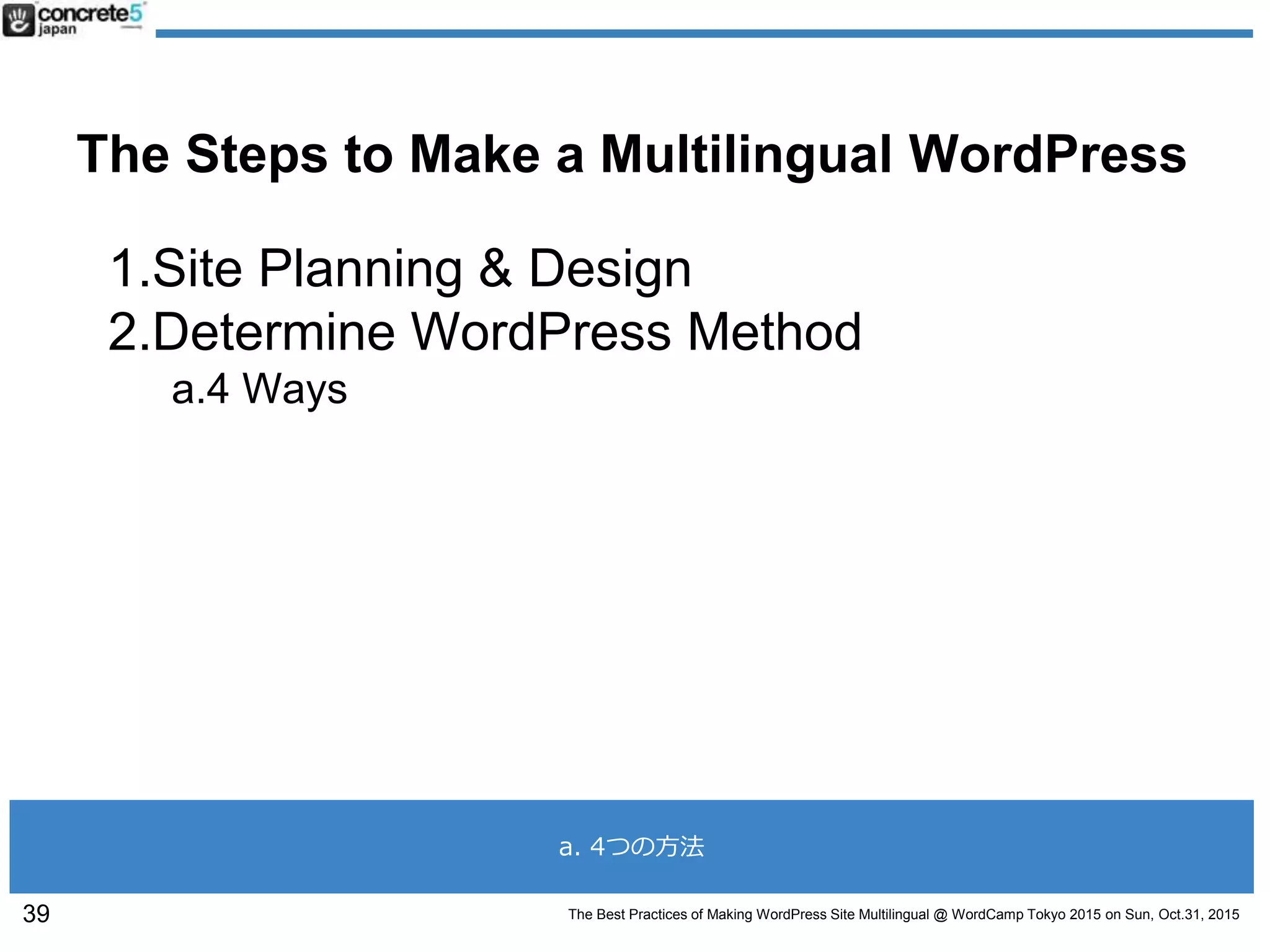 The Best Practices of Making WordPress Site Multilingual @ WordCamp Tokyo 2015 on Sun, Oct.31, 2015
The Steps to Make a Multilingual WordPress
1.Site Planning & Design
2.Determine WordPress Method
a.4 Ways
39
a. 4つの方法
 