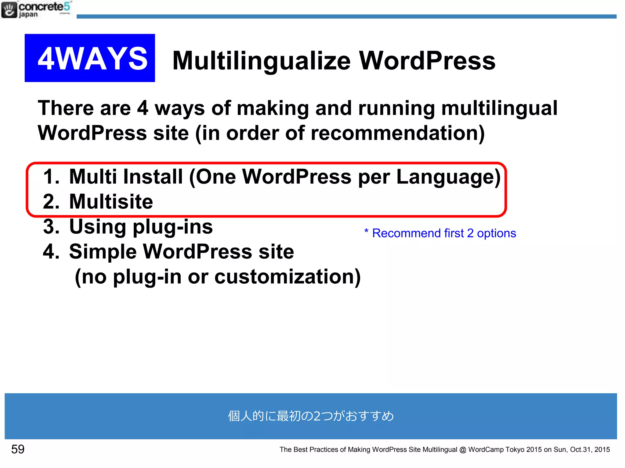 The Best Practices of Making WordPress Site Multilingual @ WordCamp Tokyo 2015 on Sun, Oct.31, 2015
There are 4 ways of making and running multilingual
WordPress site (in order of recommendation)
1. Multi Install (One WordPress per Language)
2. Multisite
3. Using plug-ins
4. Simple WordPress site
(no plug-in or customization)
* Recommend first 2 options
59
4WAYS Multilingualize WordPress
個人的に最初の2つがおすすめ
 