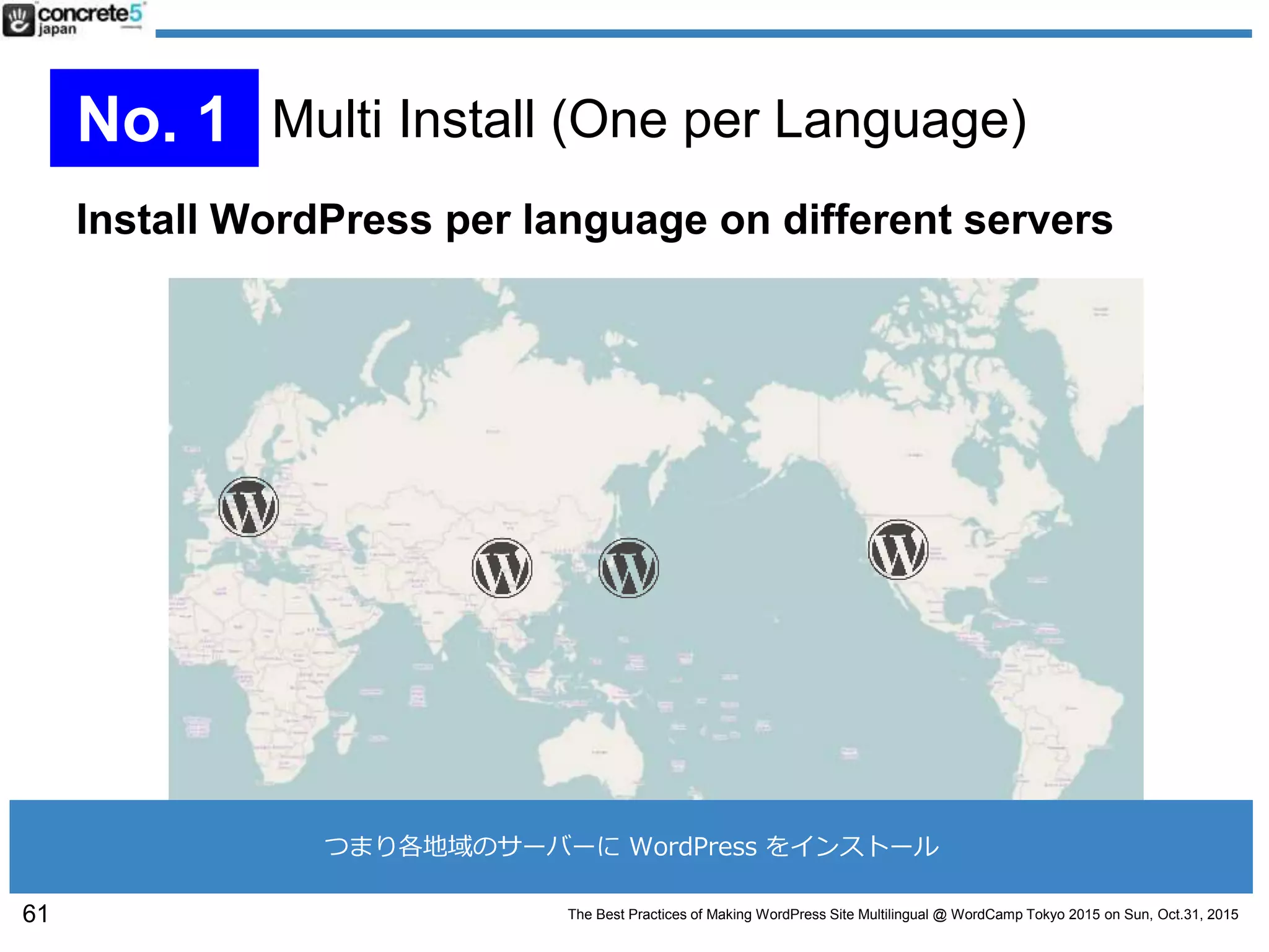 The Best Practices of Making WordPress Site Multilingual @ WordCamp Tokyo 2015 on Sun, Oct.31, 2015
Install WordPress per language on different servers
61
No. 1 Multi Install (One per Language)
つまり各地域のサーバーに WordPress をインストール
 