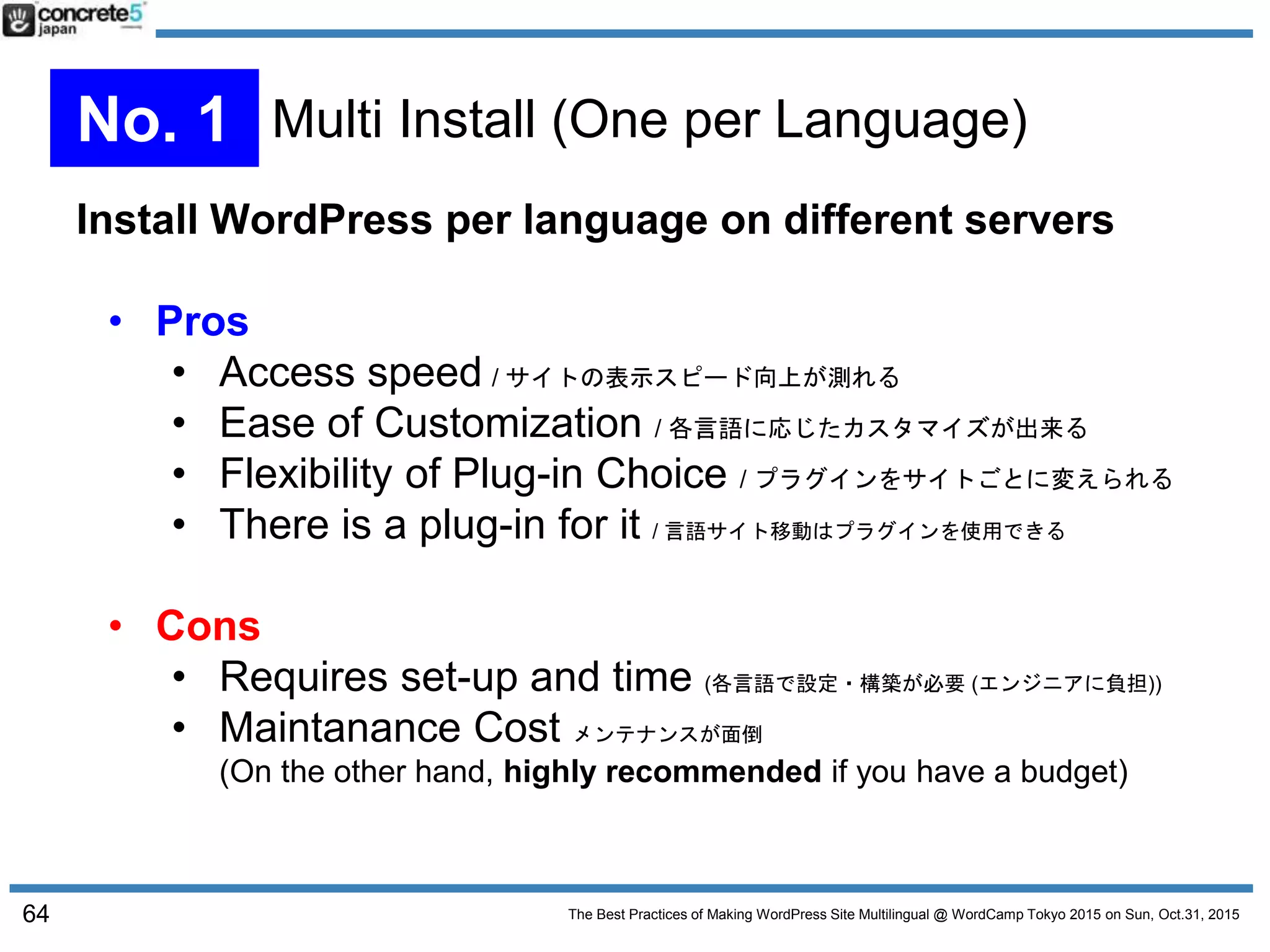 The Best Practices of Making WordPress Site Multilingual @ WordCamp Tokyo 2015 on Sun, Oct.31, 2015
Install WordPress per language on different servers
• Pros
• Access speed / サイトの表示スピード向上が測れる
• Ease of Customization / 各言語に応じたカスタマイズが出来る
• Flexibility of Plug-in Choice / プラグインをサイトごとに変えられる
• There is a plug-in for it / 言語サイト移動はプラグインを使用できる
• Cons
• Requires set-up and time (各言語で設定・構築が必要 (エンジニアに負担))
• Maintanance Cost メンテナンスが面倒
(On the other hand, highly recommended if you have a budget)
64
No. 1 Multi Install (One per Language)
 