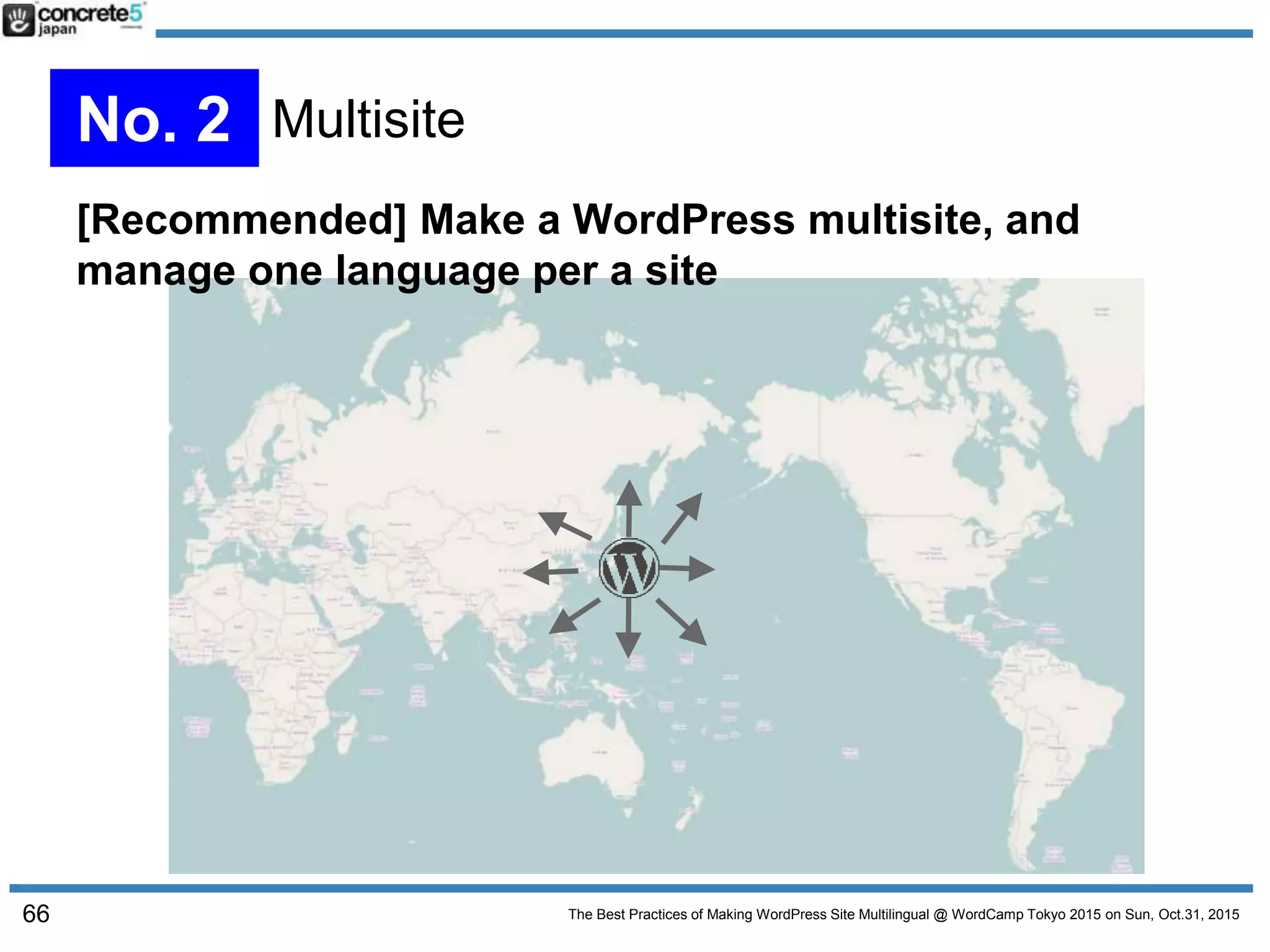 The Best Practices of Making WordPress Site Multilingual @ WordCamp Tokyo 2015 on Sun, Oct.31, 201566
[Recommended] Make a WordPress multisite, and
manage one language per a site
No. 2 Multisite
 