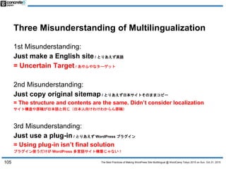The Best Practices of Making WordPress Site Multilingual @ WordCamp Tokyo 2015 on Sun, Oct.31, 2015
Three Misunderstanding...