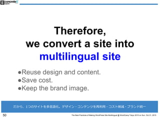 The Best Practices of Making WordPress Site Multilingual @ WordCamp Tokyo 2015 on Sun, Oct.31, 2015
Therefore,
we convert ...