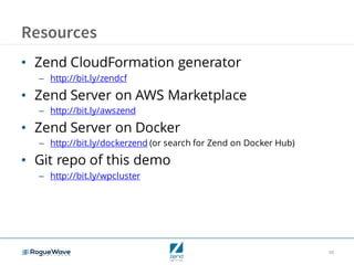 20
Resources
• Zend CloudFormation generator
– http://bit.ly/zendcf
• Zend Server on AWS Marketplace
– http://bit.ly/awszend
• Zend Server on Docker
– http://bit.ly/dockerzend (or search for Zend on Docker Hub)
• Git repo of this demo
– http://bit.ly/wpcluster
 