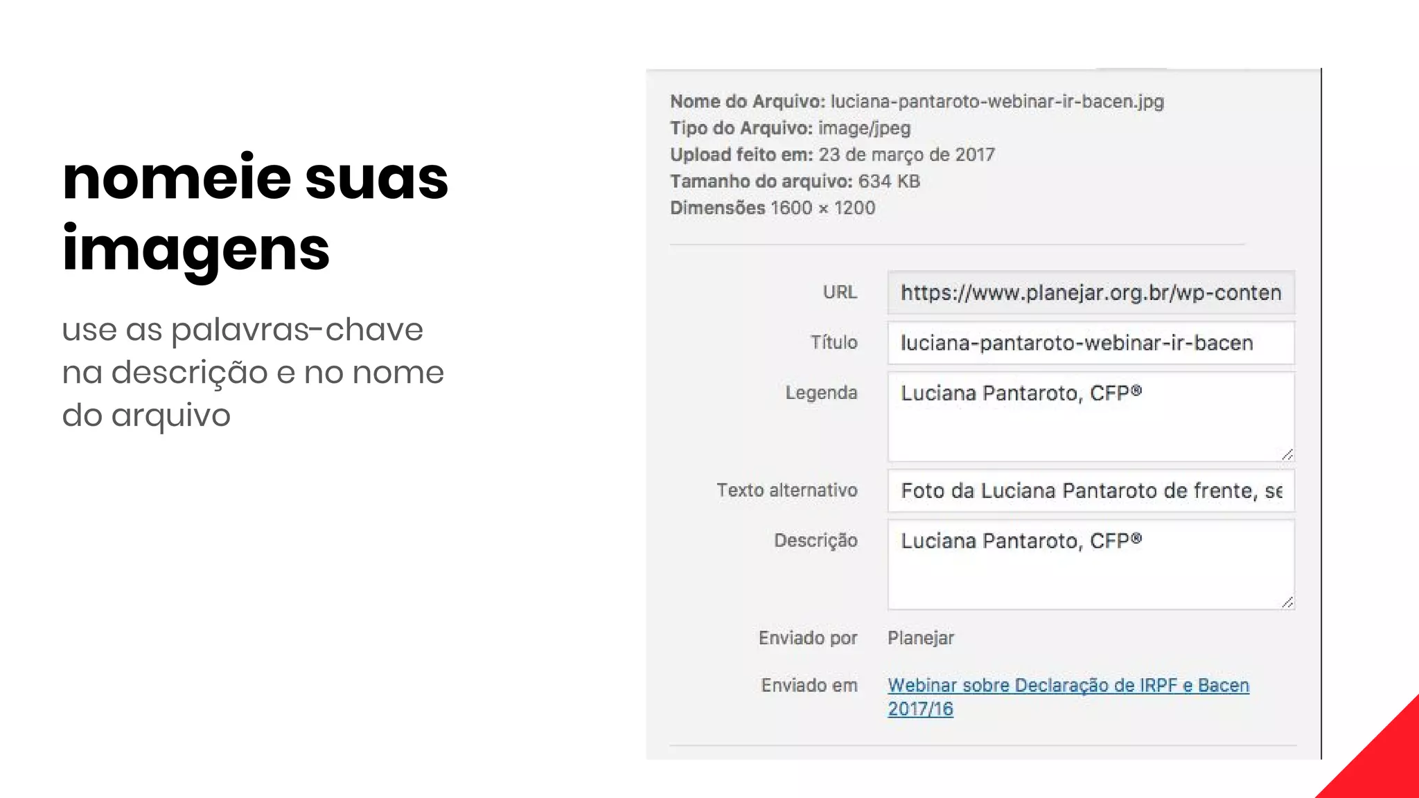 nomeie suas
imagens
use as palavras-chave
na descrição e no nome
do arquivo
 