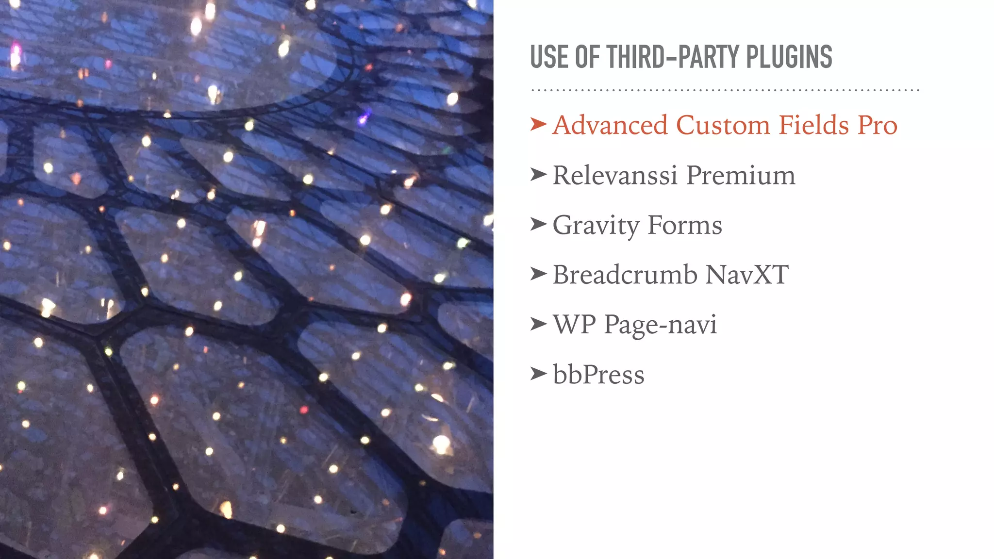 USE OF THIRD-PARTY PLUGINS
➤ Advanced Custom Fields Pro
➤ Relevanssi Premium
➤ Gravity Forms
➤ Breadcrumb NavXT
➤ WP Page-navi
➤ bbPress