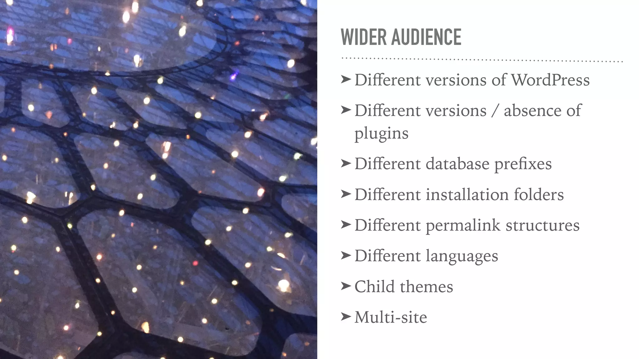 WIDER AUDIENCE
➤ Different versions of WordPress
➤ Different versions / absence of
plugins
➤ Different database prefixes
➤ Different installation folders
➤ Different permalink structures
➤ Different languages
➤ Child themes
➤ Multi-site
