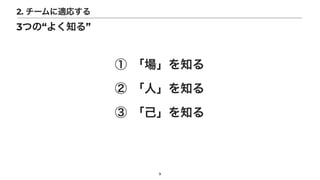 ① 「場」を知る


② 「人」を知る


③ 「己」を知る
9
3つの“よく知る”
2. チームに適応する
 
