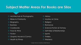 Subject Matter Areas For Books are Silos
Copyright Web Savvy Marketing, All Rights Reserved
š Architecture & Photography
š Bibles & Christianity
š Biography
š Business
š Cookbooks
š Food & Wine
š Fiction
š Graphic Novels & Comics
š Health & Fitness
š History
š Mystery & Crime
š Religion
š Romance
š Science Fiction & Fantasy
š Self-Help & Relationships
š Sports
š Thrillers
š Westerns
 