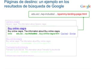 Páginas de destino: un ejemplo en los
resultados de búsqueda de Google
               .edu.ec/../wp-includes/…/spammy-landing-page.html
 