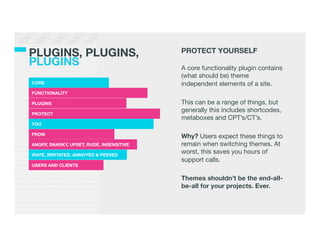 PLUGINS, PLUGINS,!                         PROTECT YOURSELF
PLUGINS
                                   !
                                           A core functionality plugin contains
                                           (what should be) theme
CORE
                                      independent elements of a site.
FUNCTIONALITY
                             
PLUGINS
                                   This can be a range of things, but
                                           generally this includes shortcodes,
PROTECT
                                           metaboxes and CPT’s/CT’s.
YOU
                                           
FROM
                                           Why? Users expect these things to
ANGRY, SNARKY, UPSET, RUDE, INSENSITIVE
   remain when switching themes. At
IRATE, IRRITATED, ANNOYED & PEEVED
                                           worst, this saves you hours of
                                           support calls.
USERS AND CLIENTS
                                           
                                           Themes shouldn’t be the end-all-
                                           be-all for your projects. Ever. 
 